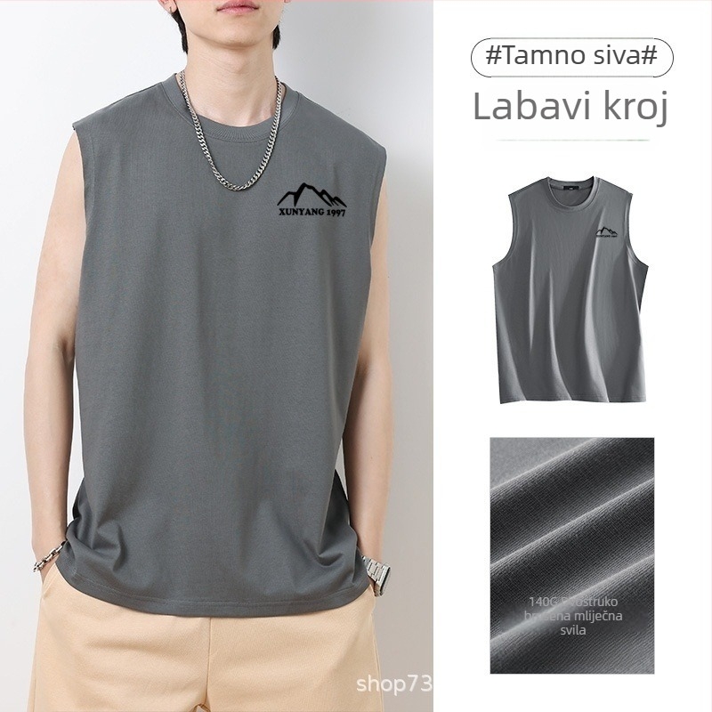 Muški bezruk T-shirt vest – mliječna svila, poliester 91–95%, crtani print, hip-hop stil, ljeto