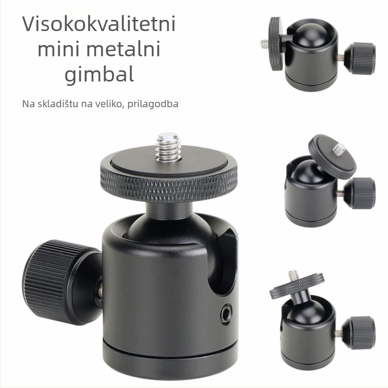Mini sve-metalni PTZ stativ s univerzalnom kugličnom glavom za mobitel — navojni montáž, aluminijska legura, 360° horizontalno okretanje, 90° vertikalno nagibanje, težina 115 g