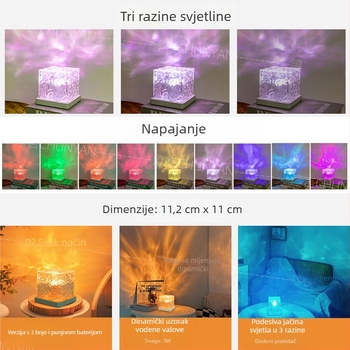 Noćna lampica s projekcijom vodnih valova i rotirajućom sjevernom svjetlošću – ugrađena baterija, dodirni prekidač, akrilni difuzor