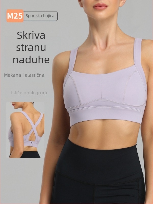 Sportski grudnjak s oblikom 3/4 košarice, fiksni dvostruki remeni, stražnje kopčanje s tri reda kopči, glavna tkanina od najlonske smjese, podstava spandex