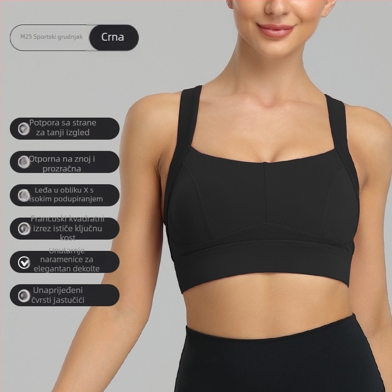 Sportski grudnjak s oblikom 3/4 košarice, fiksni dvostruki remeni, stražnje kopčanje s tri reda kopči, glavna tkanina od najlonske smjese, podstava spandex