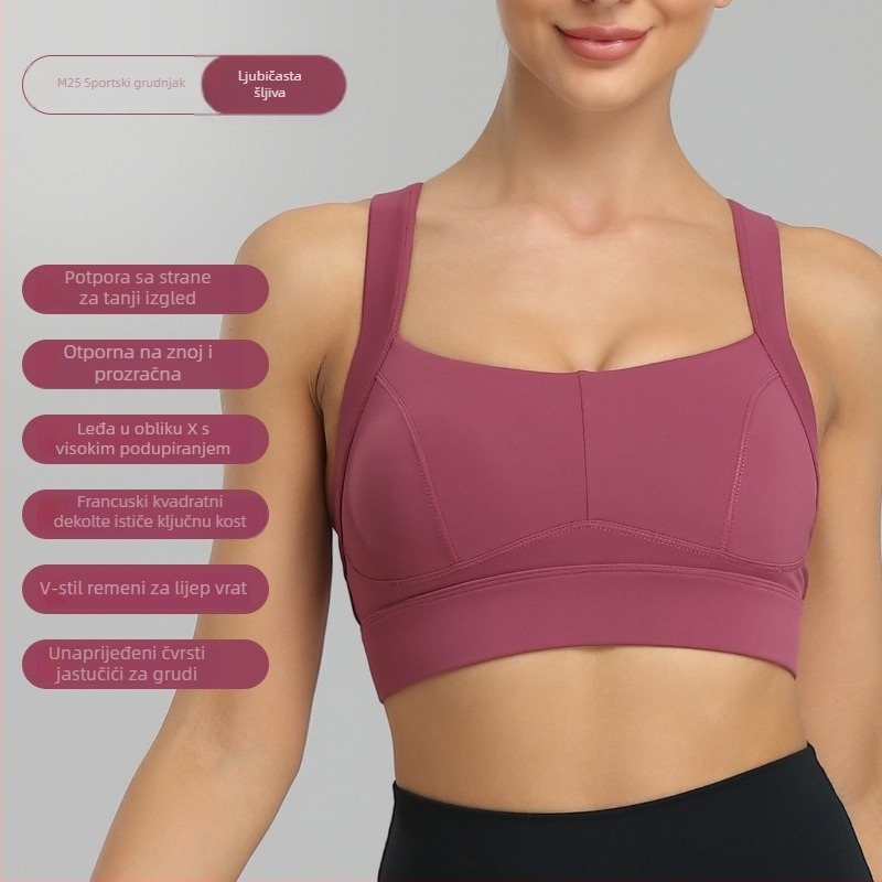 Sportski grudnjak s oblikom 3/4 košarice, fiksni dvostruki remeni, stražnje kopčanje s tri reda kopči, glavna tkanina od najlonske smjese, podstava spandex