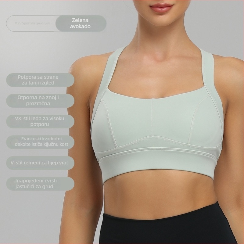 Sportski grudnjak s oblikom 3/4 košarice, fiksni dvostruki remeni, stražnje kopčanje s tri reda kopči, glavna tkanina od najlonske smjese, podstava spandex