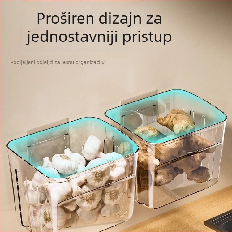 Zidni kuhinjski spremnik za skladištenje vlasac, đumbir i češnjak u nordijskom stilu; plastika, s tiskanim logotipom