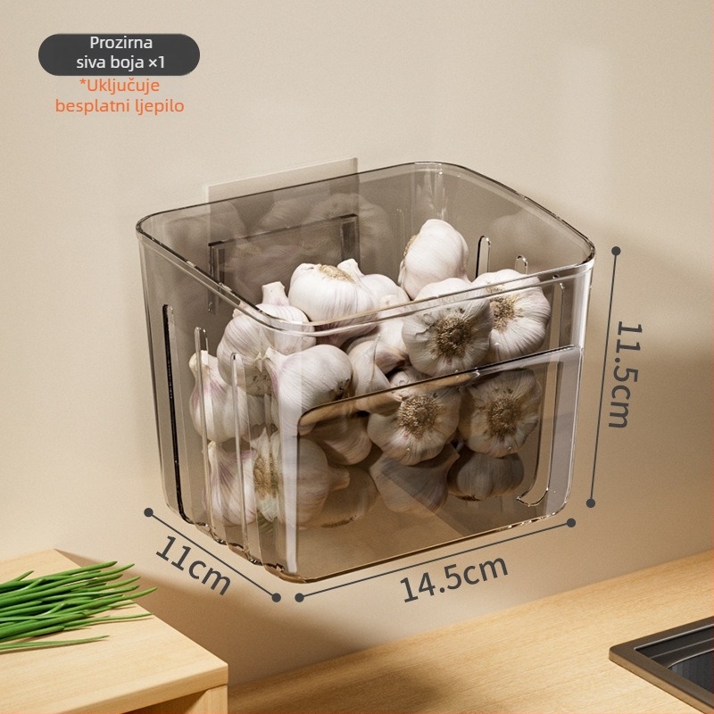 Zidni kuhinjski spremnik za skladištenje vlasac, đumbir i češnjak u nordijskom stilu; plastika, s tiskanim logotipom