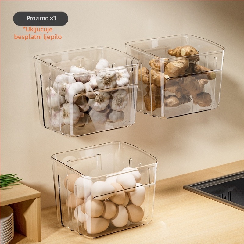 Zidni kuhinjski spremnik za skladištenje vlasac, đumbir i češnjak u nordijskom stilu; plastika, s tiskanim logotipom