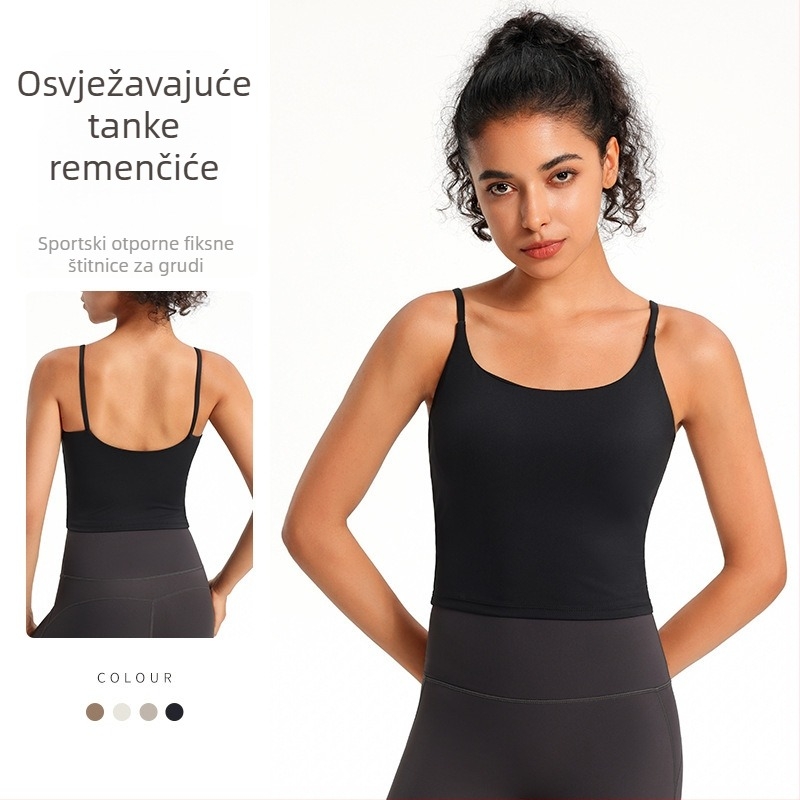 Ženski sportski grudnjak s tankim trakama i otvorenim leđima za jogu — najlon, brzo se suši, s umetkom, uski kroj, duljina 41-45 cm