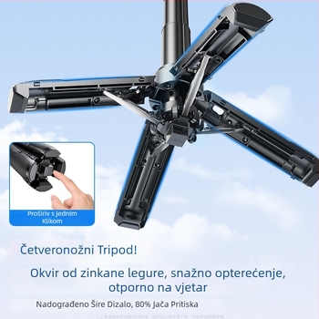 Mini magnetski selfie štapić s tronožnom stativom — aluminijsko kućište, magnetska pričvrsna, Bluetooth, daljinski upravljač, ugrađeno svjetlo