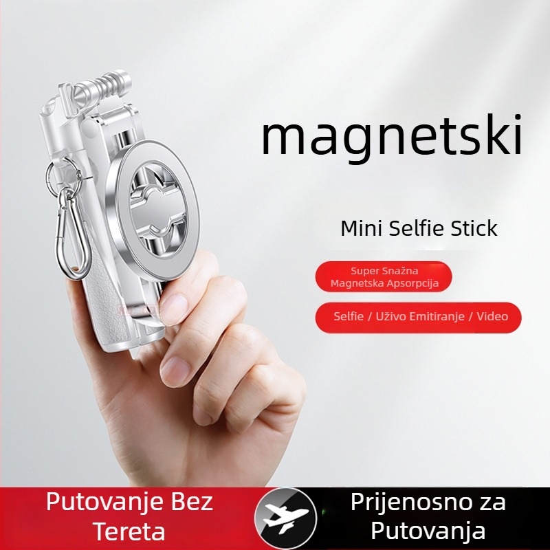 Mini magnetski selfie štapić s tronožnom stativom — aluminijsko kućište, magnetska pričvrsna, Bluetooth, daljinski upravljač, ugrađeno svjetlo