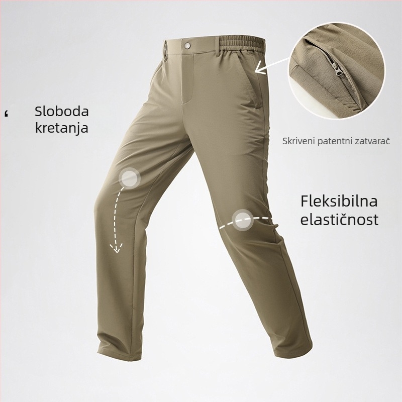 Muške poslovne hlače s elastikom, džepovi sa zatvaračem, ravni kroj, srednji porast, bez glačanja