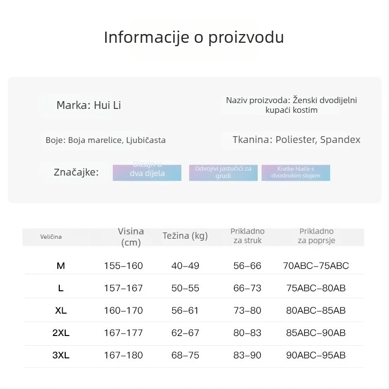 Ženski dvodijelni kupaći kostim s jastučićima za prsa, konzervativno pokriće, brzo sušenje poliester-elastan