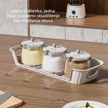 Stakleni set posuda za začine s poklopcima i bazom — otporan na vlagu, moderan minimalistički stil