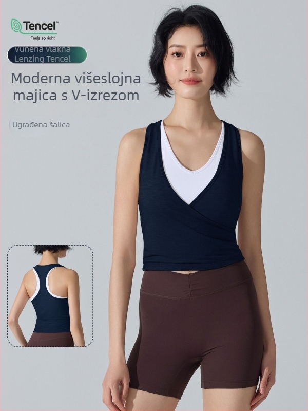 Ženski sportski top bez rukava s ugrađenim cupom, brzo se suši, prozračan materijal, lažni dvodijelni dizajn, duljina do trbuha, Lyocell-Spandex smjesa