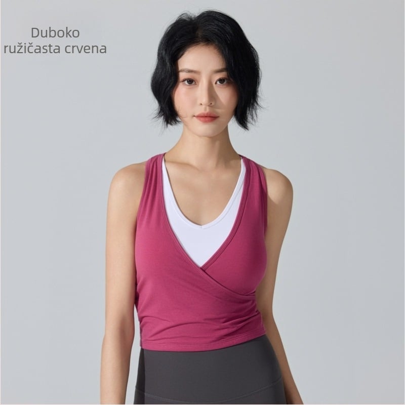 Ženski sportski top bez rukava s ugrađenim cupom, brzo se suši, prozračan materijal, lažni dvodijelni dizajn, duljina do trbuha, Lyocell-Spandex smjesa