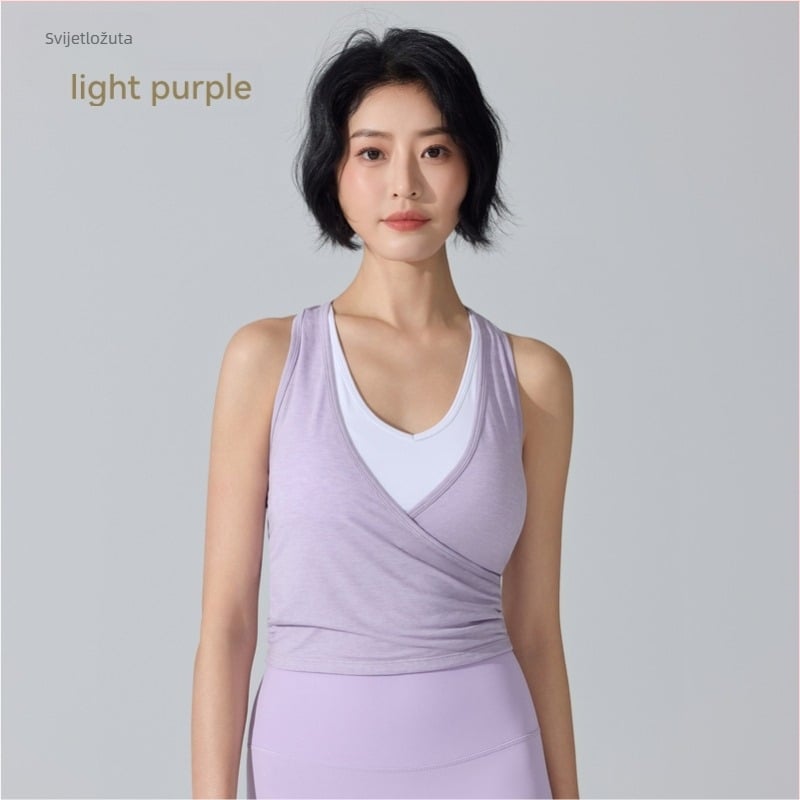 Ženski sportski top bez rukava s ugrađenim cupom, brzo se suši, prozračan materijal, lažni dvodijelni dizajn, duljina do trbuha, Lyocell-Spandex smjesa