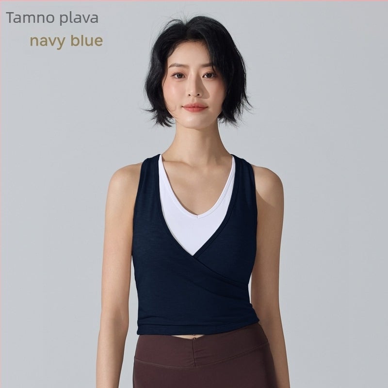 Ženski sportski top bez rukava s ugrađenim cupom, brzo se suši, prozračan materijal, lažni dvodijelni dizajn, duljina do trbuha, Lyocell-Spandex smjesa