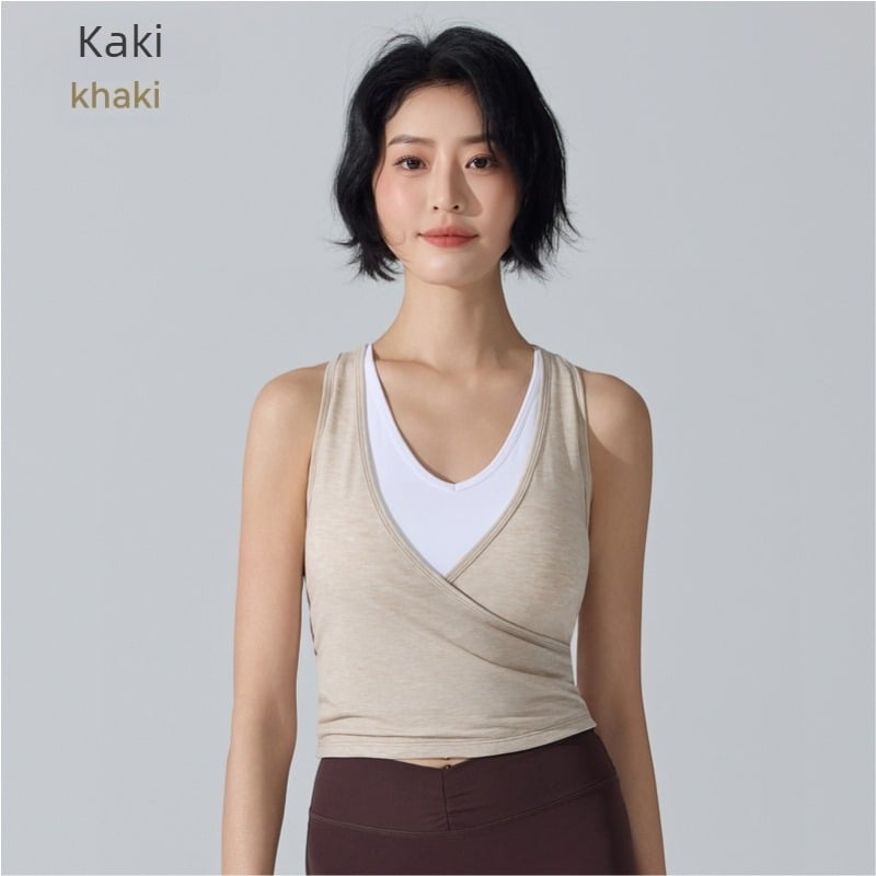 Ženski sportski top bez rukava s ugrađenim cupom, brzo se suši, prozračan materijal, lažni dvodijelni dizajn, duljina do trbuha, Lyocell-Spandex smjesa