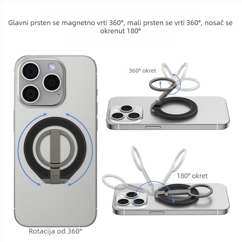 Magnetni držač za telefon s dvostrukim magnetom, 360° rotacija, metalna konstrukcija, kompatibilan s Apple i Android