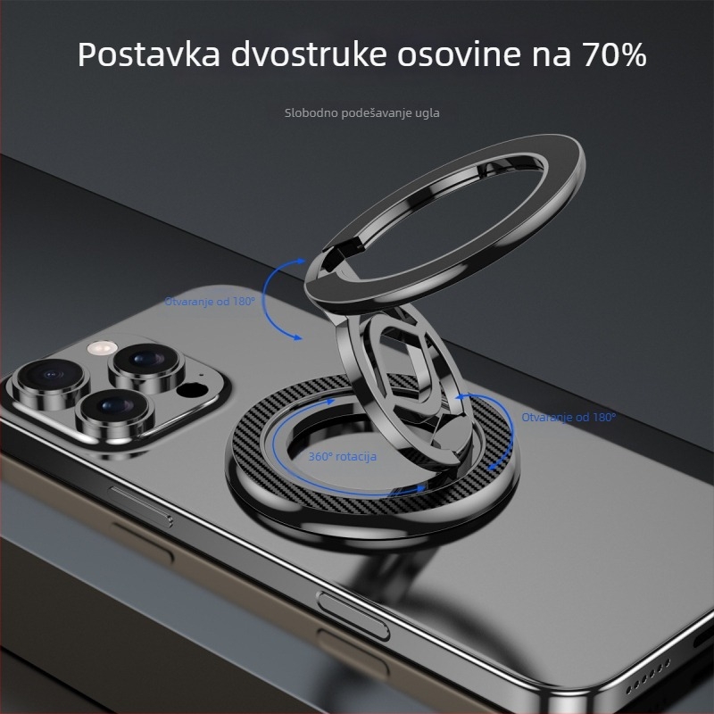 MagSafe dvostrani magnetski držač-stojak, metalna konstrukcija, karbonska tekstura, 360° rotacija, dvostruki osovinski sklop, prenosiv