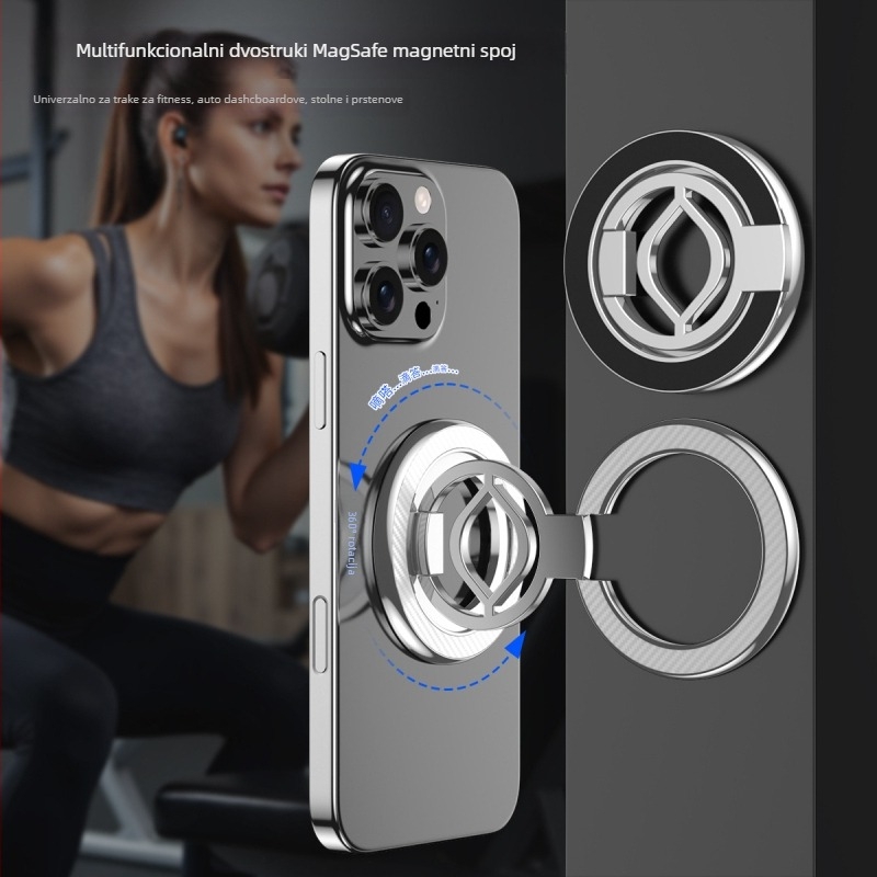 MagSafe dvostrani magnetski držač-stojak, metalna konstrukcija, karbonska tekstura, 360° rotacija, dvostruki osovinski sklop, prenosiv