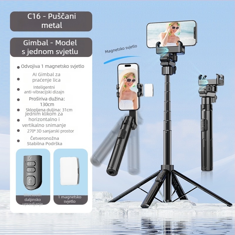 C16 pametni stabilizator s AI praćenjem lica, jednosni stabilizator, četveronožni stativ, Bluetooth daljinski upravljač, aluminijska legura