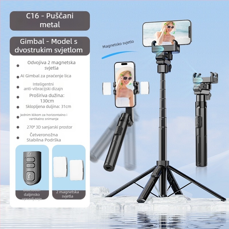 C16 pametni stabilizator s AI praćenjem lica, jednosni stabilizator, četveronožni stativ, Bluetooth daljinski upravljač, aluminijska legura