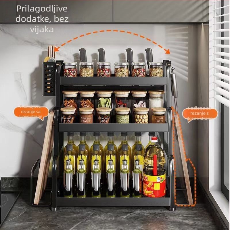 Stalak za začine od karbonskog čelika, višeslojni, na kuhinjski pult, bez bušenja