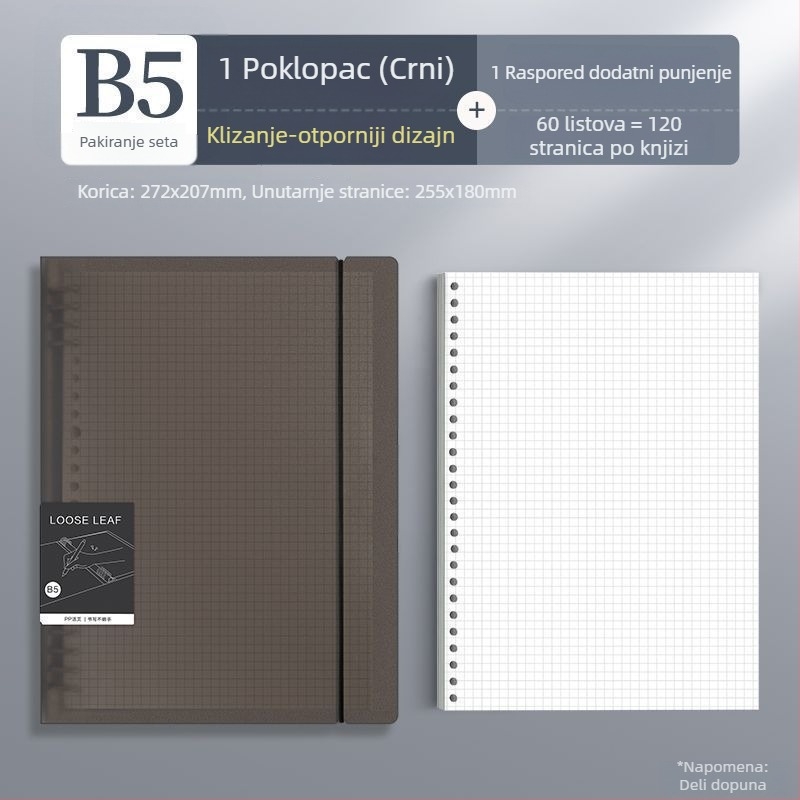 Deli dnevnik s izmjenjivim listovima, dostupni formati A4/A5/B5, Dowling papir, 60 listova, rupe B5/26