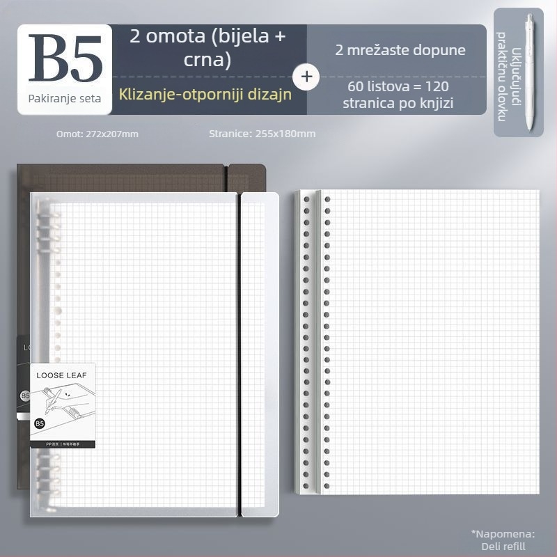 Deli dnevnik s izmjenjivim listovima, dostupni formati A4/A5/B5, Dowling papir, 60 listova, rupe B5/26