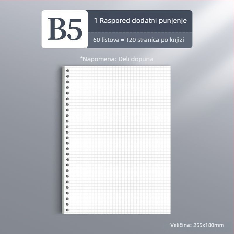 Deli dnevnik s izmjenjivim listovima, dostupni formati A4/A5/B5, Dowling papir, 60 listova, rupe B5/26