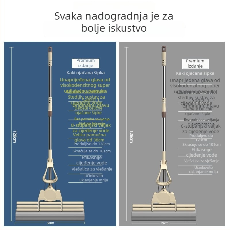 Spužvasti mop za pod s sklapanom glavom, ručno pranje, nehrđajuća cijev, Collodion materijal