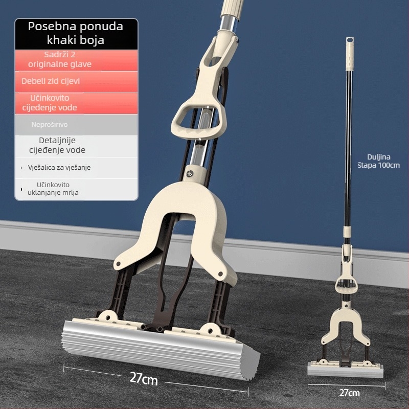 Spužvasti mop za pod s sklapanom glavom, ručno pranje, nehrđajuća cijev, Collodion materijal