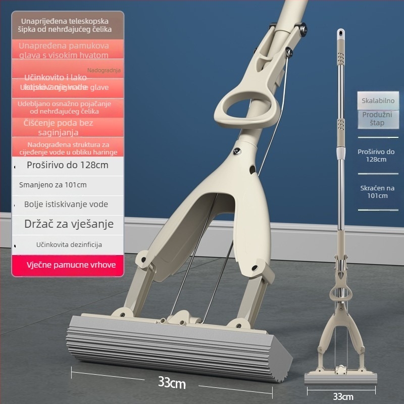 Spužvasti mop za pod s sklapanom glavom, ručno pranje, nehrđajuća cijev, Collodion materijal