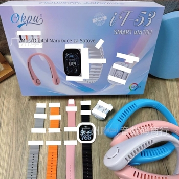 Pametni sat s Bluetooth slušalicama i setom ventilatora za vrat – 2,01‑inch AMOLED zaslon, aluminijski kućište 44 mm, praćenje srčanog ritma, brojanje koraka, Bluetooth pozivi.