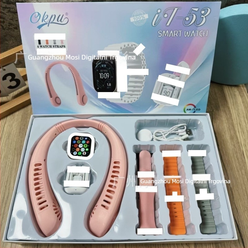 Pametni sat s Bluetooth slušalicama i setom ventilatora za vrat – 2,01‑inch AMOLED zaslon, aluminijski kućište 44 mm, praćenje srčanog ritma, brojanje koraka, Bluetooth pozivi.