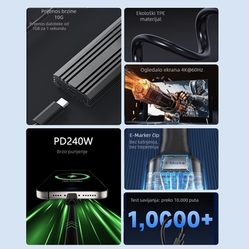 Type-C vanjska kućišta za tvrdi disk s USB 3.1 Gen2, PD brzo punjenje, prijenos podataka do 10 Gbps, kabel 0.5–1 m