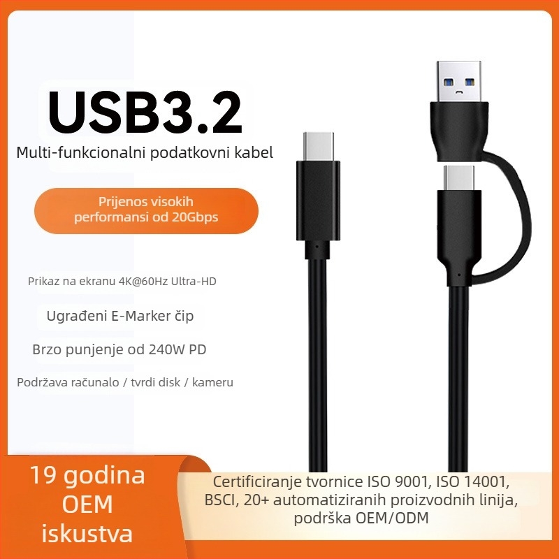 Type-C vanjska kućišta za tvrdi disk s USB 3.1 Gen2, PD brzo punjenje, prijenos podataka do 10 Gbps, kabel 0.5–1 m