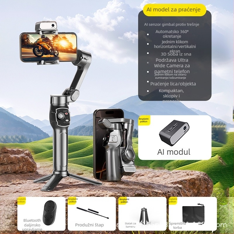 Stabilizator za telefon s AI praćenjem, ručni protiv podrhtavanja za glatko snimanje videa — Model L9 Lite, aluminijska legura, Bluetooth i daljinski upravljač