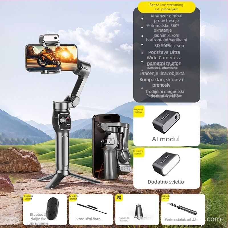 Stabilizator za telefon s AI praćenjem, ručni protiv podrhtavanja za glatko snimanje videa — Model L9 Lite, aluminijska legura, Bluetooth i daljinski upravljač