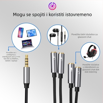 Digital Fox 3,5 mm 1–4 audio splitter kabel za dijeljene slušalice s mikrofonom – najlonsko jezgro, bakreni vodiči