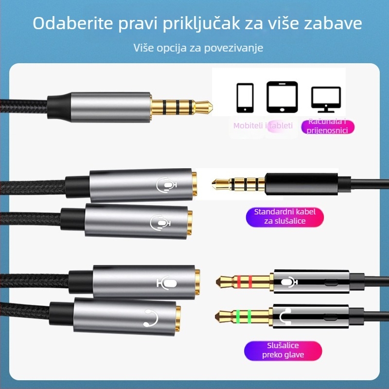 Digital Fox 3,5 mm 1–4 audio splitter kabel za dijeljene slušalice s mikrofonom – najlonsko jezgro, bakreni vodiči