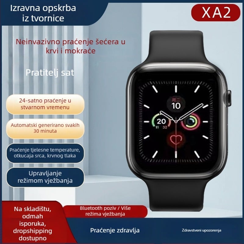 Pametni sat s EKG i neinvazivnim mjerenjem glukoze, otkucaja srca, krvnog tlaka i zasićenosti kisikom; silikon narukvica; bežično punjenje; trajanje baterije 7–14 dana; dnevna vodootpornost; kompatibilan s iOS-om