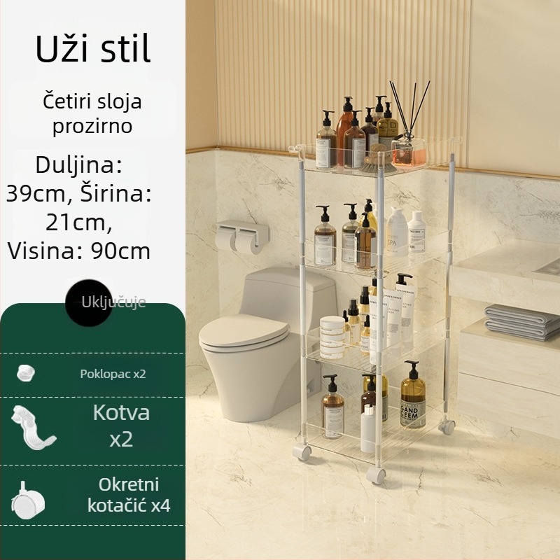 Četveroslojni prozračni plastični regal za skladištenje – mobilni, bez bušenja, za kuhinju, kupaonicu, spavaću sobu i dnevni boravak