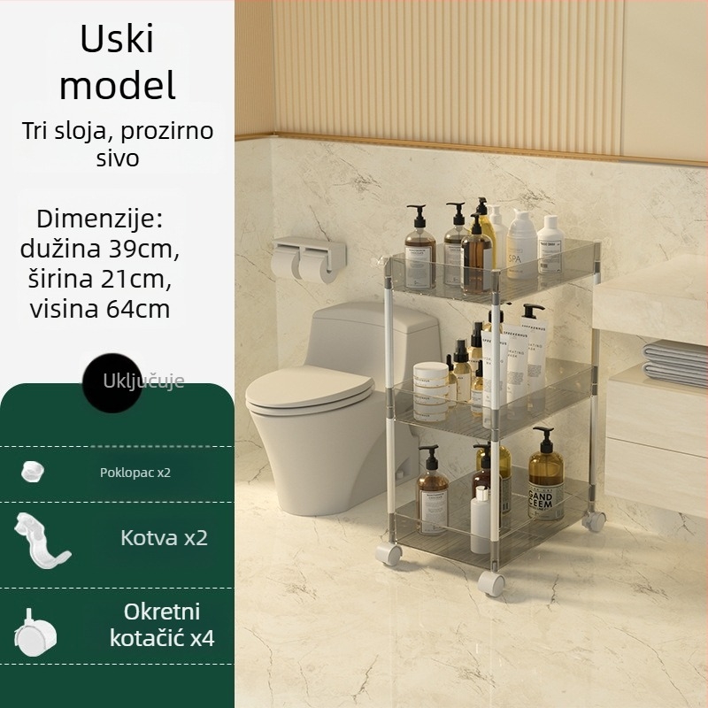 Četveroslojni prozračni plastični regal za skladištenje – mobilni, bez bušenja, za kuhinju, kupaonicu, spavaću sobu i dnevni boravak