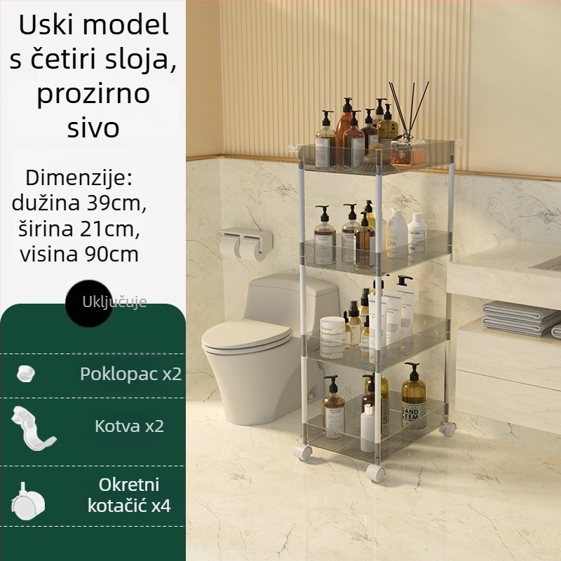 Četveroslojni prozračni plastični regal za skladištenje – mobilni, bez bušenja, za kuhinju, kupaonicu, spavaću sobu i dnevni boravak