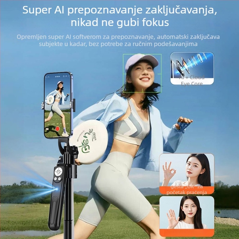 AI-pogonjen gimbal za telefon s praćenjem lica i prepoznavanjem gesti, stabilizacija slike, Bluetooth daljinski upravljač i rasvjeta za live streaming
