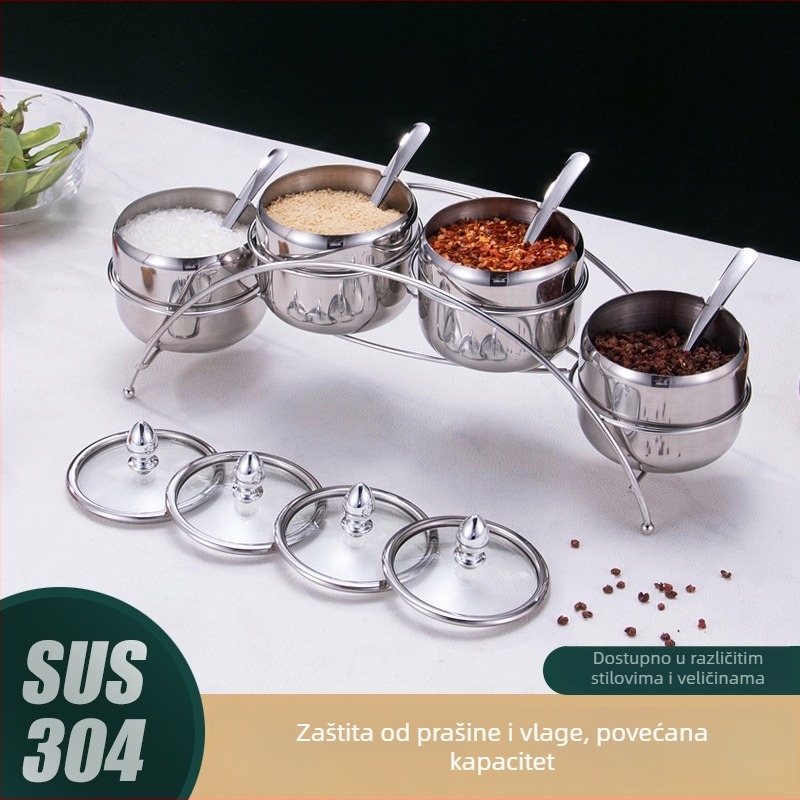 Posuda za začine od nehrđajućeg čelika 304, s žlicom i poklopcem, za restorane i dućane BBQ, za čvrste začine, mogućnost tiskanja logotipa