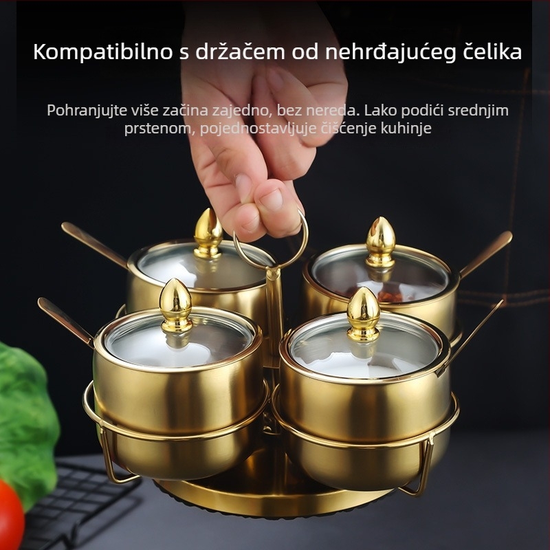Posuda za začine od nehrđajućeg čelika 304, s žlicom i poklopcem, za restorane i dućane BBQ, za čvrste začine, mogućnost tiskanja logotipa
