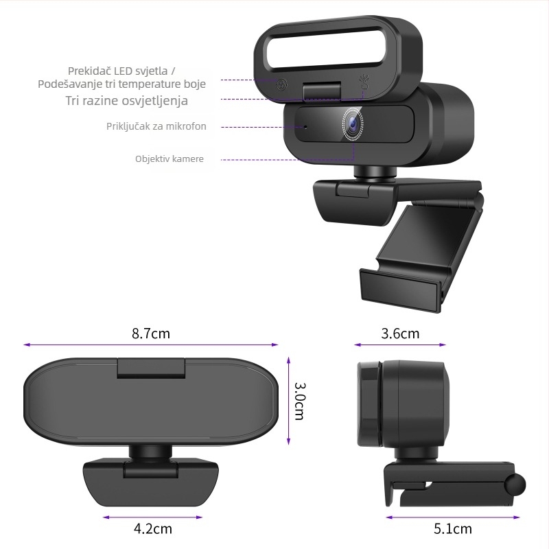 USB kamera 4K s osvjetljenjem, automatsko fokusiranje, 12 MP senzor, ugrađeni mikrofon, USB 2.0