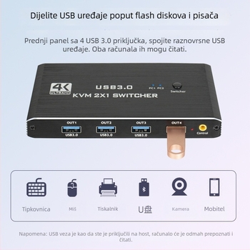 KVM prekidač za dva računala, HDMI 4K, USB 3.0, 2 ulaza/1 izlaz, dijeljenje radne površine